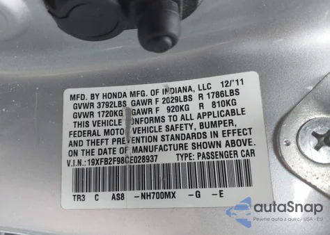 2012 Honda Civic Ex-L z USA, uszkodzony, nr VIN 19XFB2F98CE028937